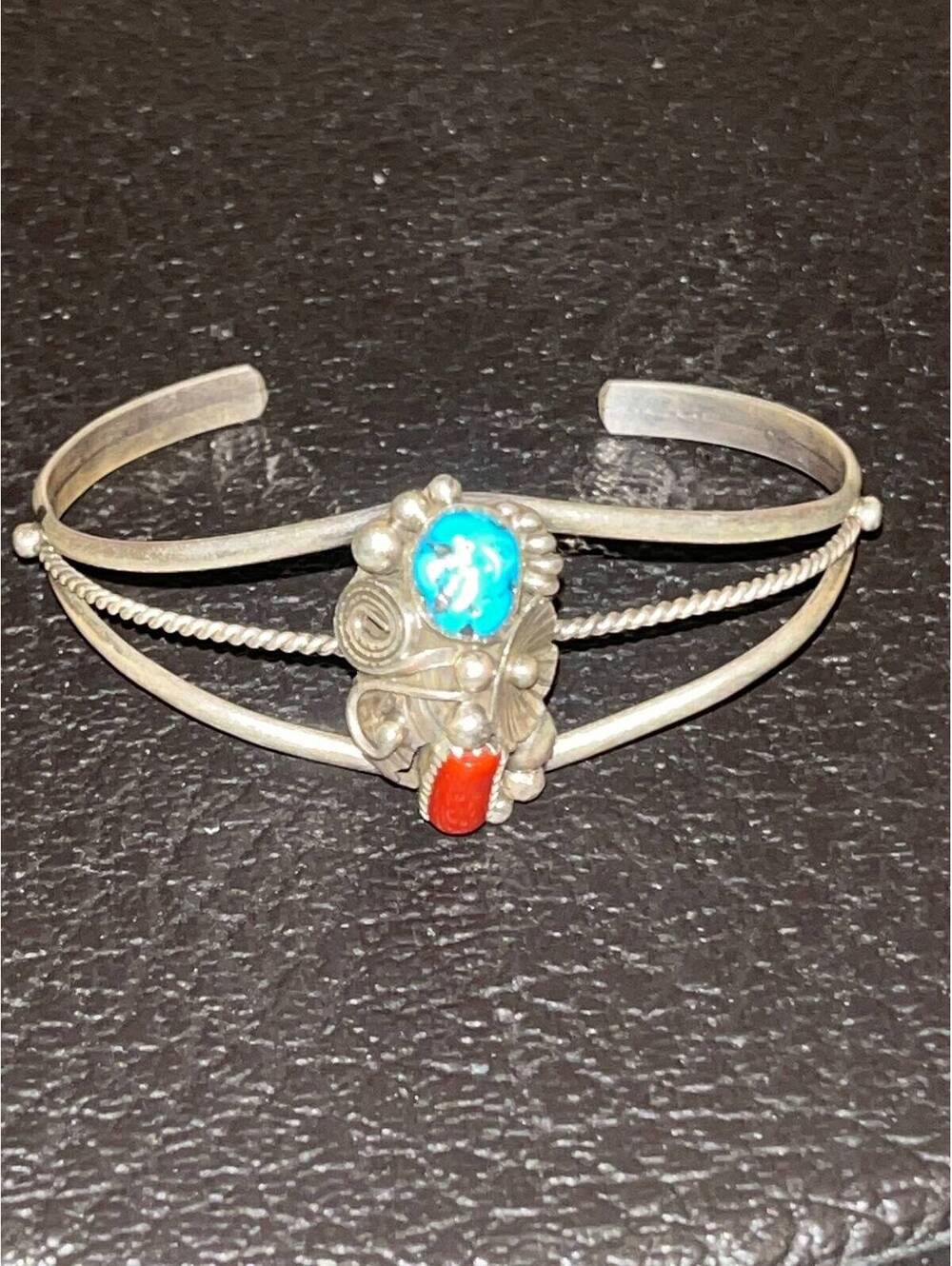 Native American Navajo handmade bracelet sterling silver turquoise coral cuff